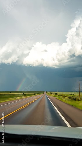 A long, wet highway stretches under a dramatic cloudy sky with a vibrant rainbow over green plains