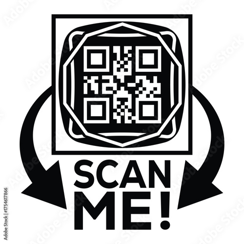 A bold, black and white vector graphic featuring a QR code centered in a square with targeting marks. Large arrows point to the text "SCAN ME!", creating a compelling call-to-action for immediate digi