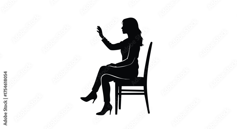 Fototapeta premium Silhouette of a woman sitting elegantly on a chair, with her hand raised as if gesturing or reaching
