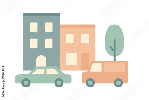 Minimalist urban scene with residential buildings, passenger car, van, and single tree in pastel colors