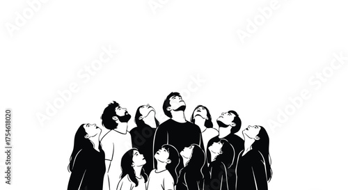 A diverse group of people looking up with wonder and curiosity towards the sky