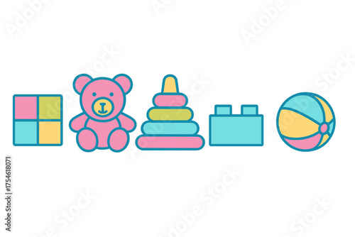 Colorful set of baby and toddler toys including teddy bear, stacking rings, and building block