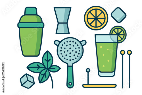 Essential bar accessories and ingredients for mixing cocktails and refreshing summer drinks