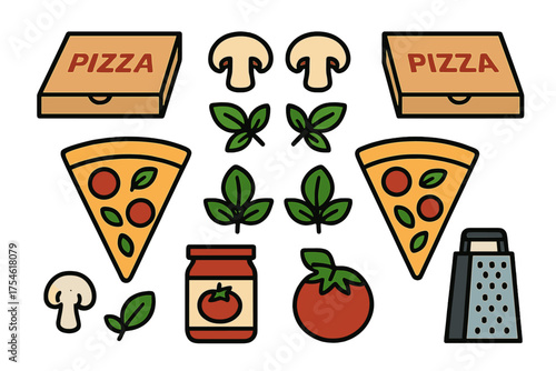 Assortment of pizza slices, delivery boxes, and fresh ingredients for Italian food preparation