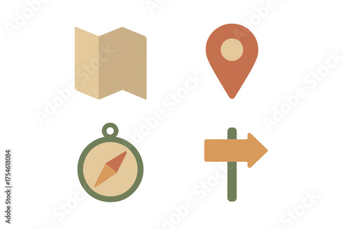 Set of navigation icons including folded map, location pin, compass, and directional signpost