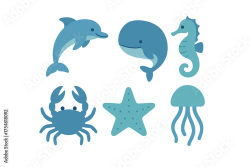 Adorable blue ocean animals set including dolphin, whale, seahorse, crab, starfish, and jellyfish
