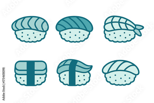 Minimalist set of six nigiri sushi pieces and maki rolls in a cute flat design