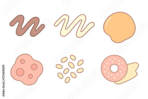Sweet dessert components set with donut, chocolate sauce, cream drizzle, and sprinkles
