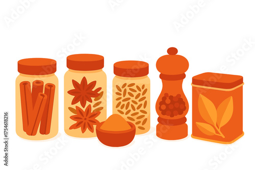 Collection of aromatic kitchen spices and seasonings like cinnamon, star anise, and peppercorns