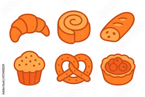 Collection of various baked goods including croissant cinnamon roll pretzel muffin and bread loaf
