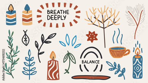 A calm and mindful doodle set showing yoga poses, candles, plants, essential oils, and tea cups.