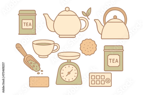 Cozy tea preparation and serving set with teapots, cup, scale, and sweet snacks