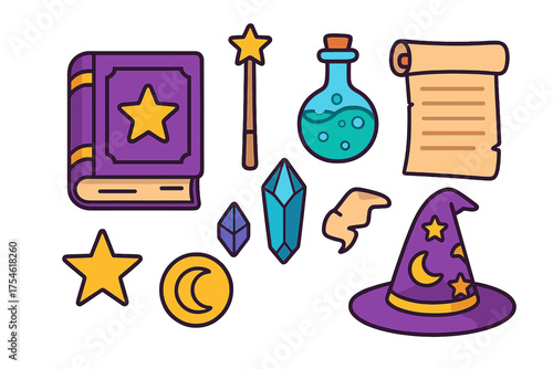 Magical fantasy items collection: spell book, wizard hat, potion, crystal gems