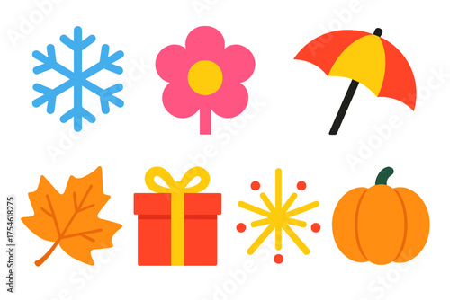 Colorful flat symbols for seasons, weather, and festive holidays including winter, spring, summer, and autumn