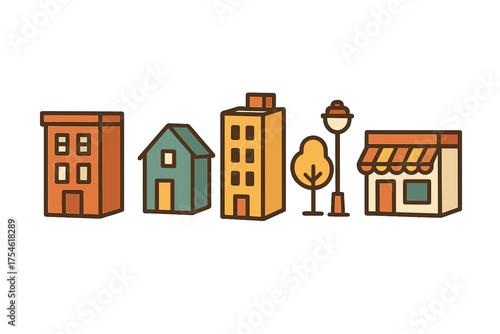 Urban street scene with residential and commercial buildings, tree, and street light