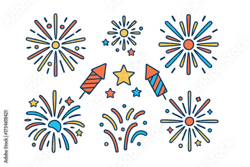 Colorful festive fireworks explosions and rockets for holiday celebrations