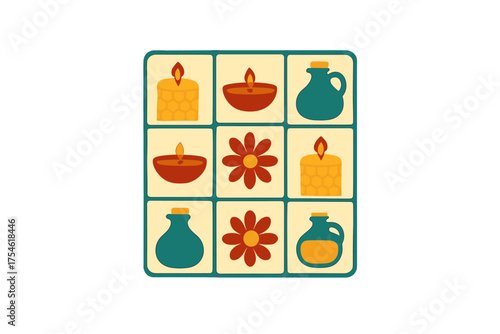 Spa and wellness icons grid featuring burning candles oil lamps flowers and essential oil bottles