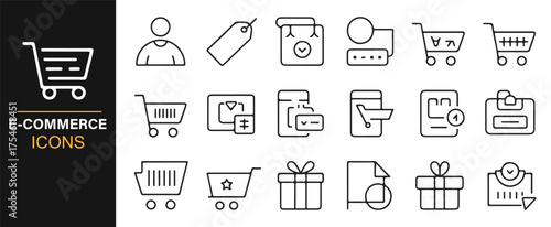Clean line art icon set of e-commerce elements for shop, digital marketing, and payment concepts