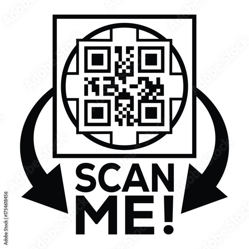 A bold, black and white vector graphic featuring a QR code centered in a square with targeting marks. Large arrows point to the text "SCAN ME!", creating a compelling call-to-action for immediate digi