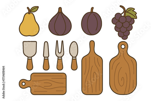 Fresh fruits, specialized cheese cutlery, and wooden serving boards for charcuterie preparation