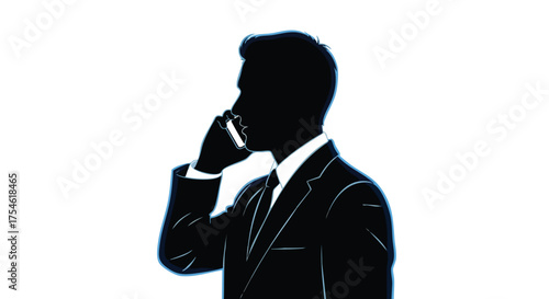 Silhouette of a businessman in a suit talking on his mobile phone, business communication concept