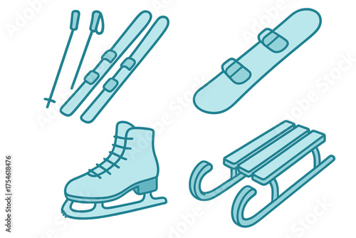 Winter sports gear collection including skis, snowboard, ice skate, and sled