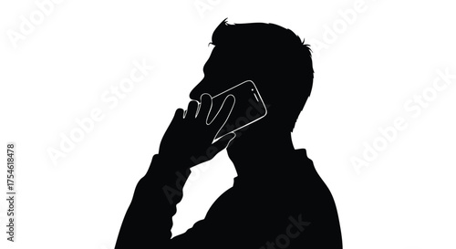 Silhouette of a man in profile speaking on a smartphone against a white background