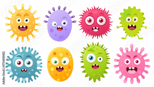A collection of cute and colorful cartoon germs, microbes, or bacteria characters with expressive faces.