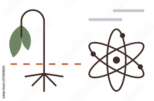 Wilting plant split from atomic structure, showcasing duality of ecological decline and scientific progress. Ideal for sustainability, ecology, science, balance, innovation, energy, educational