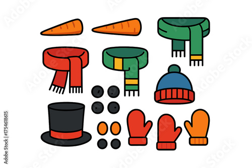 Collection of essential winter accessories set for building a traditional snowman figure