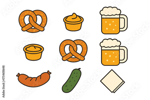 Traditional German festival food and beverage set including pretzels, beer mugs, sausage, and mustard