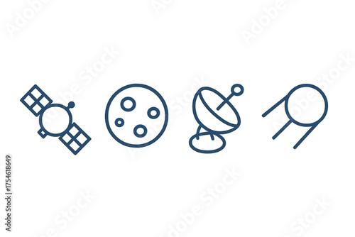 Four outline icons set: satellite, moon, radar dish, and vintage spacecraft