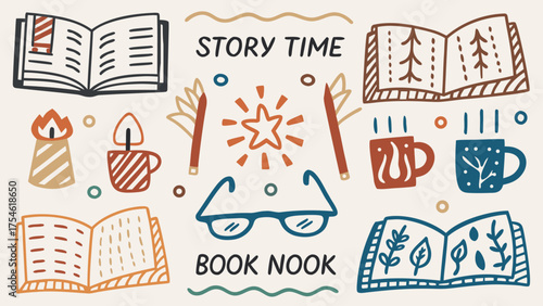 A cozy doodle collection showing open books, reading glasses, candles, coffee mugs.