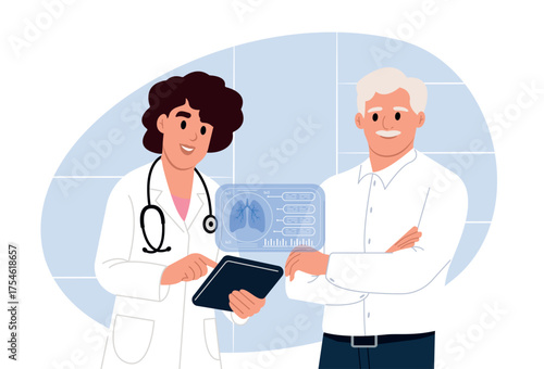 World Pneumonia Day. Doctor with good news, health results, advice and report. Vector illustration in flat style.