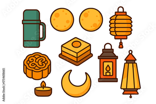 Traditional Asian Mid-Autumn Festival elements including mooncakes, lanterns, and full moon