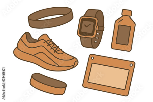 Collection of essential fitness and workout accessories including a running shoe, smartwatch, and water bottle