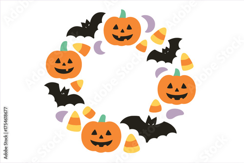 Spooky circular Halloween border featuring smiling pumpkins, black bats, and colorful candy corn