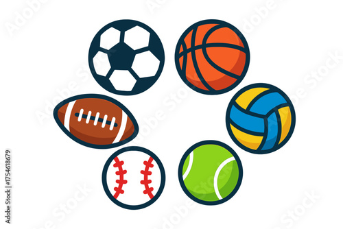 Circular arrangement of popular sports equipment balls including soccer, basketball, and baseball