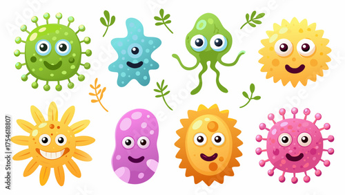 A group of adorable cartoon germs inspired by forest creatures and plants, with leafy textures, mushrooms, vines, and earthy colors like green, brown, and mossy yellow.