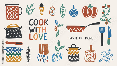 A fun kitchen doodle set with pots, pans, vegetables, herbs, and utensils.