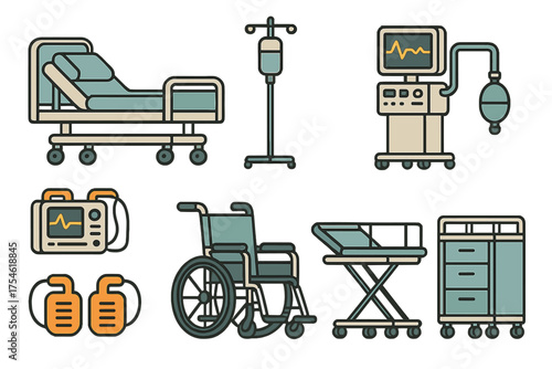 Essential medical equipment set including patient bed, IV stand, ventilator, and wheelchair