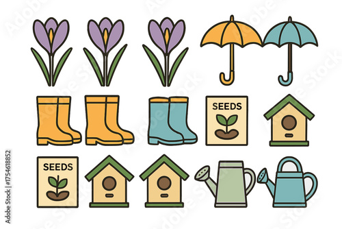 Spring season and gardening elements including flowers, rain boots, umbrellas, and birdhouses