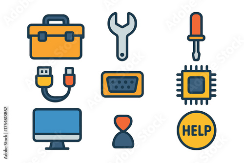 Set of colorful icons representing computer repair, technical support, and hardware components