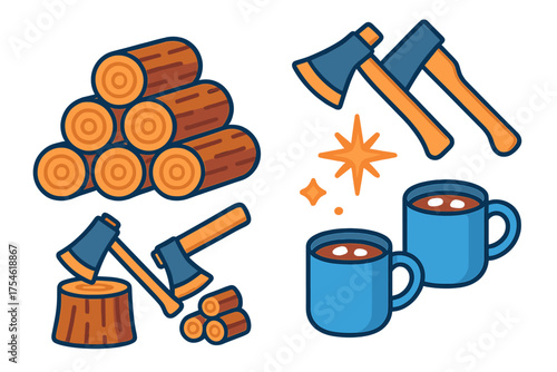 Stacked firewood logs axes and hot chocolate mugs for winter camping and cozy activities