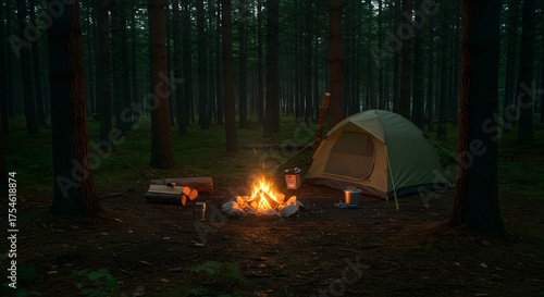 Campfire illuminates a tent in a serene, dark forest, logs, and metal cups