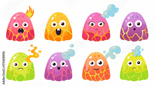 A group of fiery cartoon microbes inspired by magma and volcanoes.