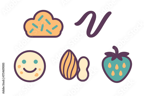 Stylized collection of food, fruit, nut, and smiling emoji icons featuring a strawberry and abstract shapes