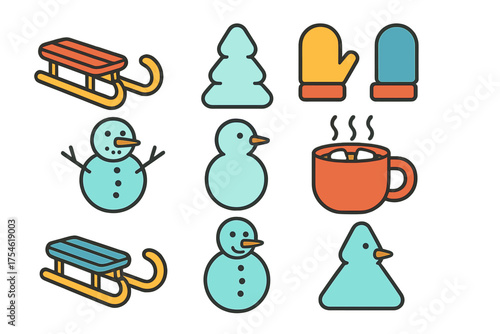 Colorful set of winter holiday icons including sleds, snowmen, mittens, and hot cocoa