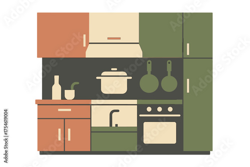 Contemporary kitchen furniture arrangement with appliances and utensils in a retro color scheme