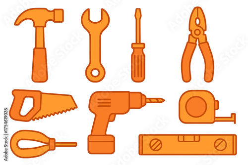 Set of essential construction and home repair tools including hammer wrench and saw